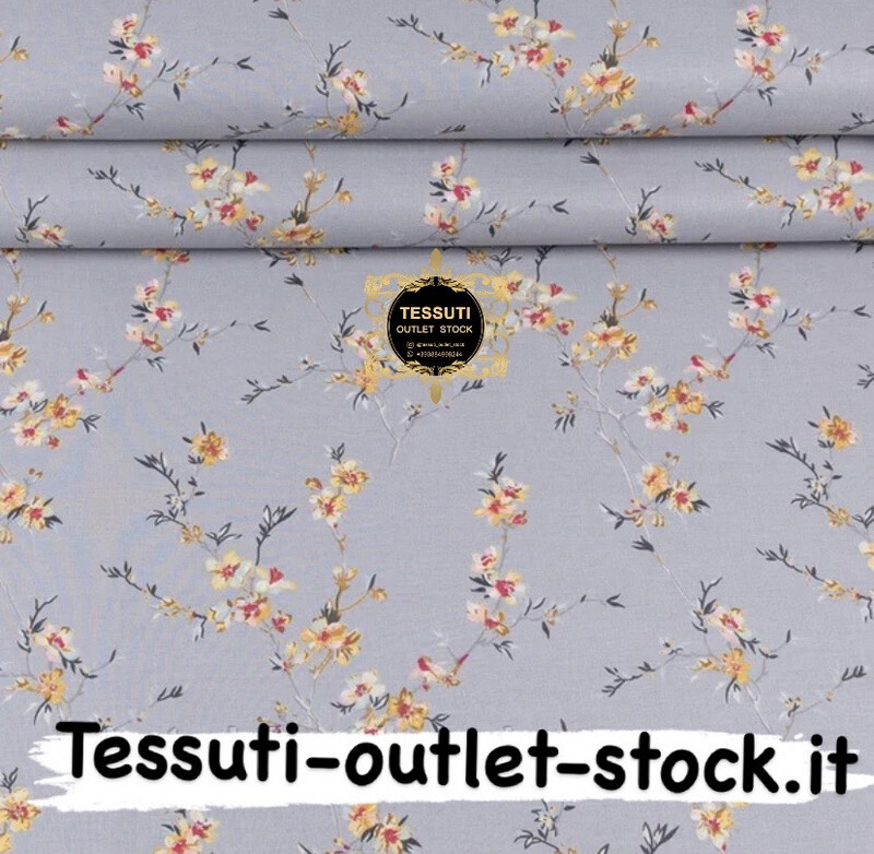 Tessuto di cotone H240 cm con rami di sakura gialli stampati su sfondo grigio (№3370)