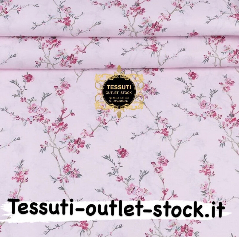 Tessuto di cotone H240 cm con stampa &quot;Rami di Sakura&quot; cremisi su sfondo rosa (№3372)