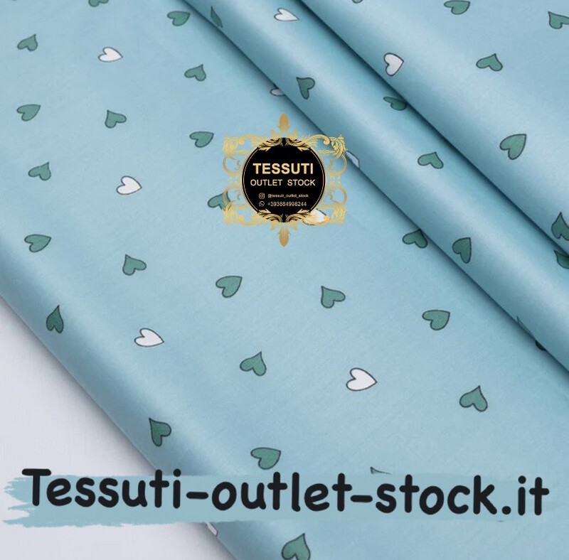 Tessuto di cotone rasatello con cuori verdi e bianchi su sfondo turchese, № 3738c
