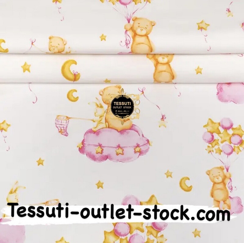 Tessuto di cotone 240 cm &quot;Orso e coniglietto su nuvola rosa&quot; su sfondo bianco, №4394