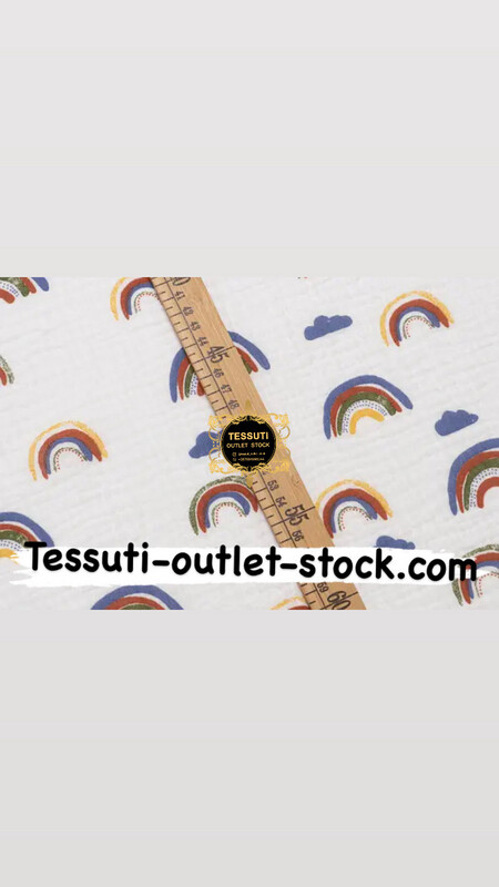 Tessuto Mussola doppia garza “ Arcobaleni con nuvole” su sfondo bianco, larghezza 135 cm. МС-D-0573