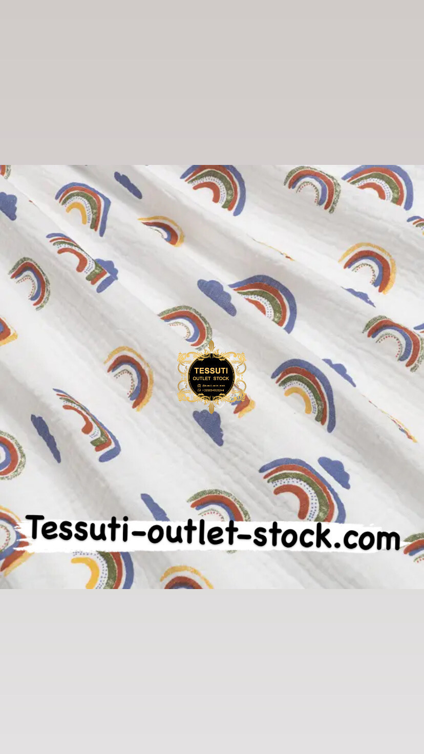 Tessuto Mussola doppia garza “ Arcobaleni con nuvole” su sfondo bianco, larghezza 135 cm. МС-D-0573