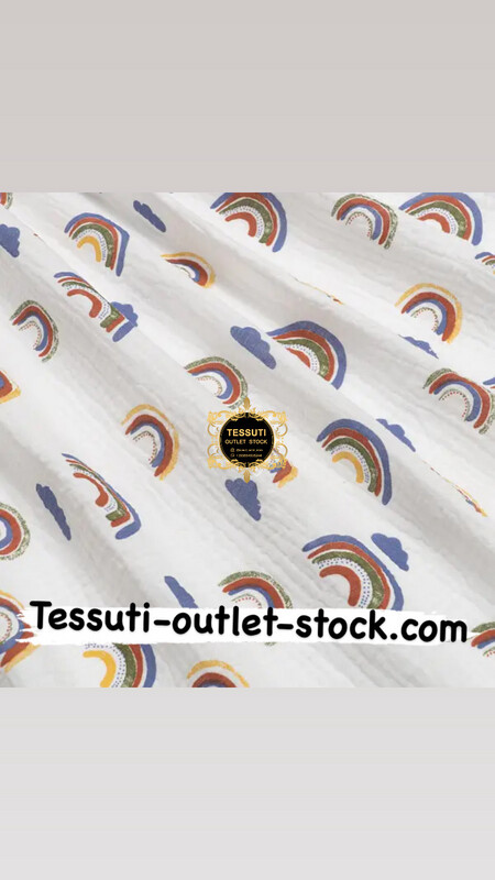 Tessuto Mussola doppia garza “ Arcobaleni con nuvole” su sfondo bianco, larghezza 135 cm. МС-D-0573