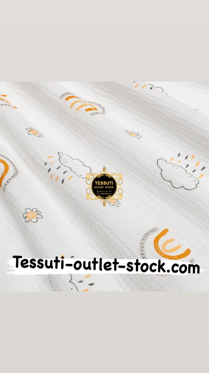 Tessuto Mussola doppia garza “Arcobaleni, nuvole e fiori” larghezza 135 cm. МС-D-0574