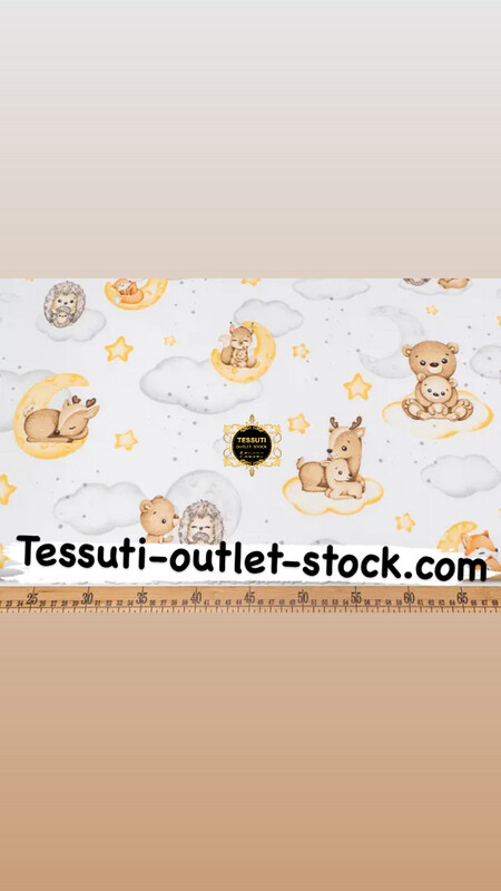 Tessuto di Cotone h160cm "Animali con cuccioli su nuvole grigie e gialle" №4936