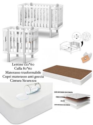 Lettino Monaco Bianco-Grigio +Culla + Materasso Trasformabile +Cintura Sicurezza + Copri Materasso 