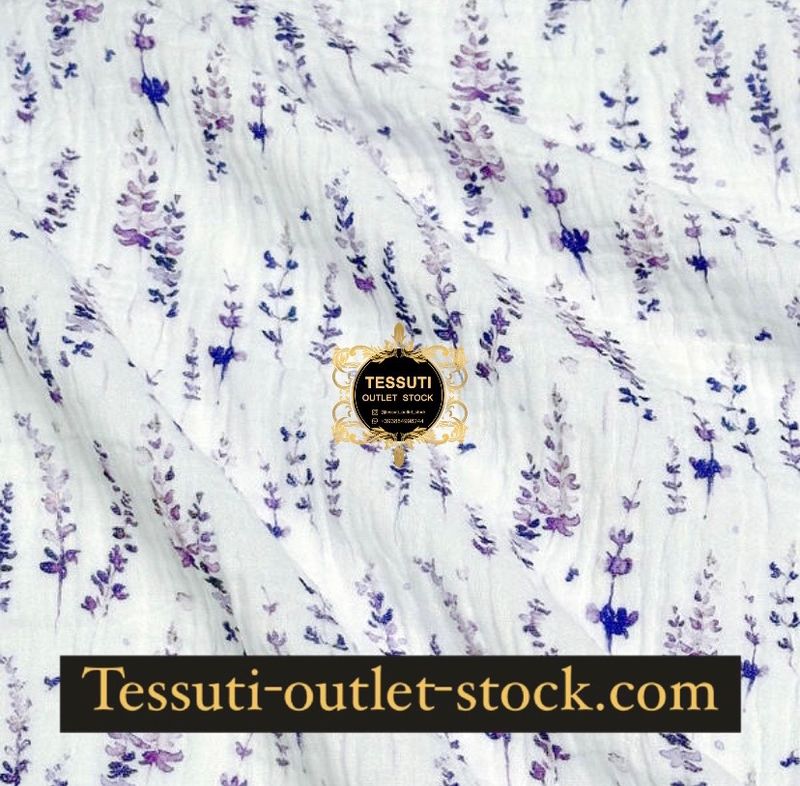 Mussola doppia garza “Lavanda”su fondo bianco, larghezza 135 cm