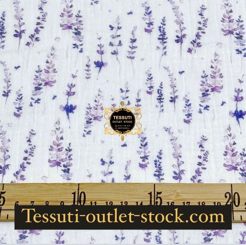 Mussola doppia garza “Lavanda”su fondo bianco, larghezza 135 cm