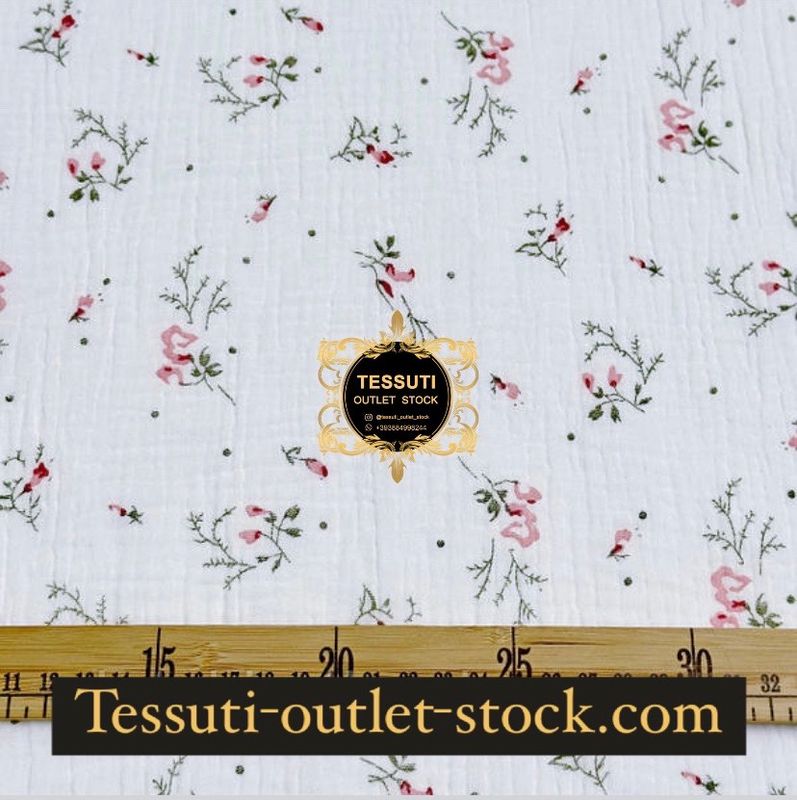 Mussolla doppio garza "Fiori rosa e pois verdi", larghezza 135 cm