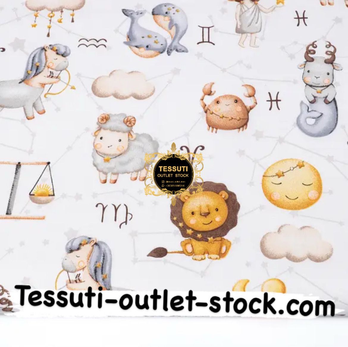 Tessuto di Cotone h160cm "Segni zodiacali su sfondo bianco" №4931