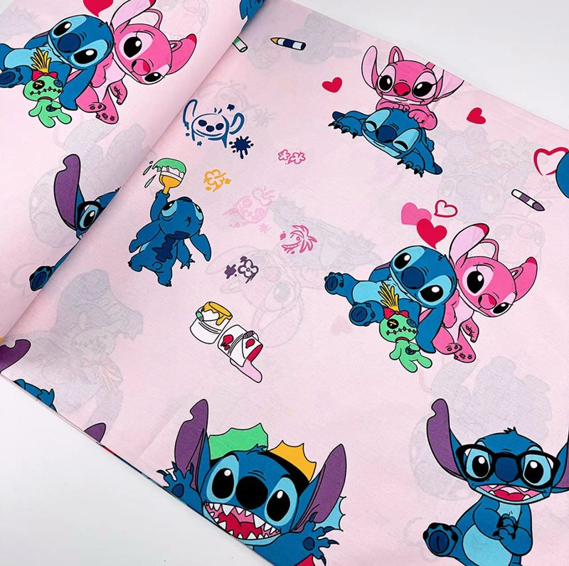 Tessuto di Cotone h240cm “Stitch e Angel” su sfondo rosa