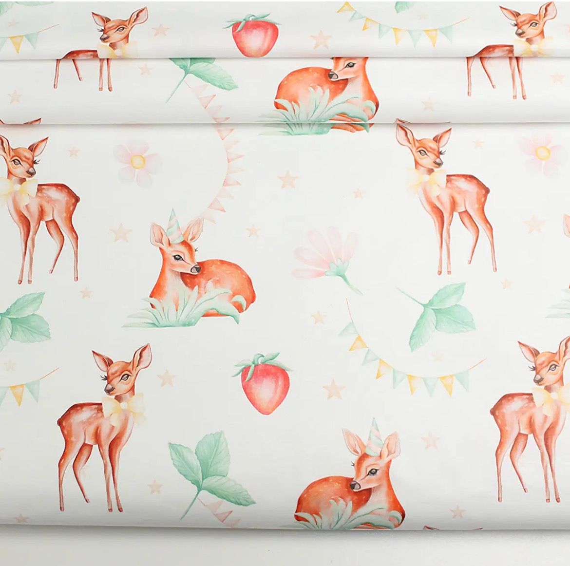 Tessuto di Cotone con stampa digitale larga 240 cm "Capriolo con fragole" su bianco 3249