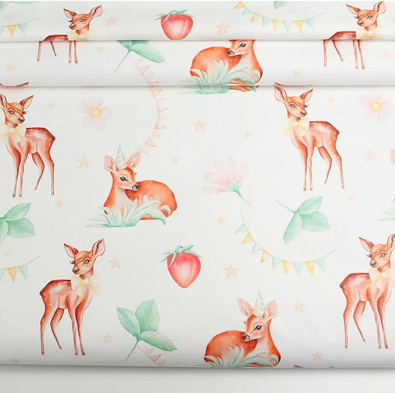 Tessuto di Cotone con stampa digitale larga 240 cm "Capriolo con fragole" su bianco 3249