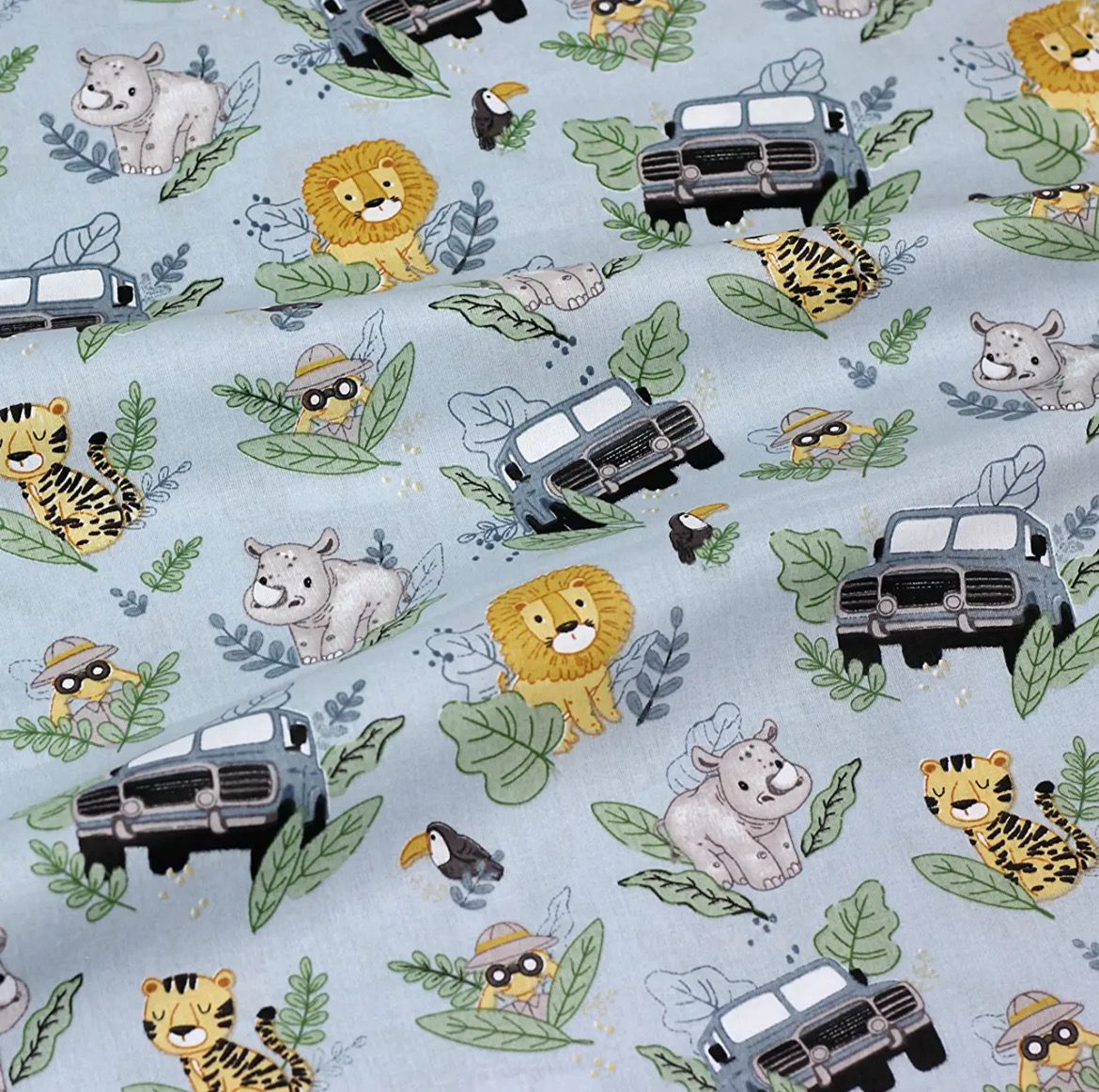 Tessuto di Cotone 160cm "Safari sulle jeep blu" sfondo jeans blu № Б-3586а