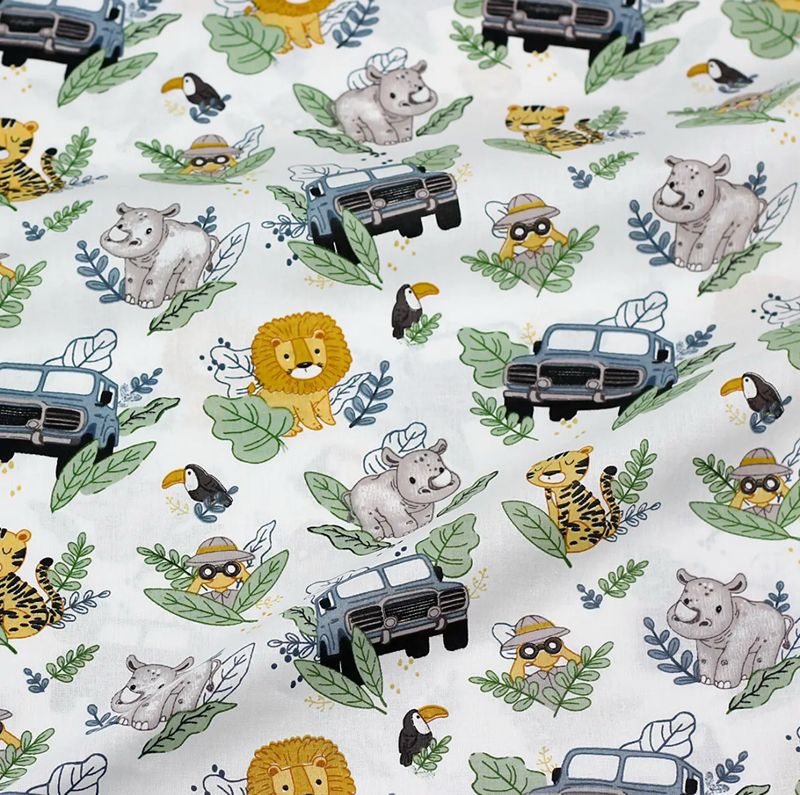 Tessuto di Cotone 160 cm "Safari sulle jeep blu" su sfondo bianco № Б-3586