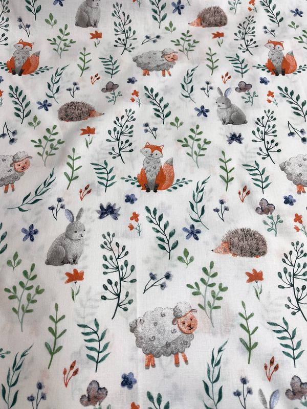 Tessuto di Cotone 160cm "Volpi, conigli, ricci e ramoscelli"