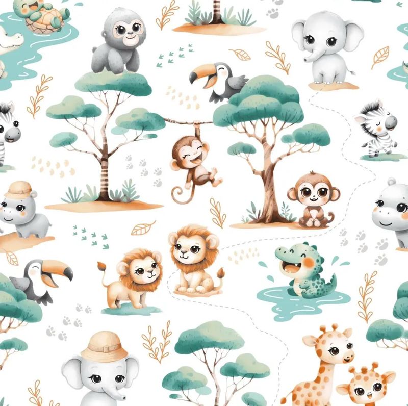 Tessuto di Cotone 160cm "Animali africani e sentieri " su sfondo bianco № М-3426