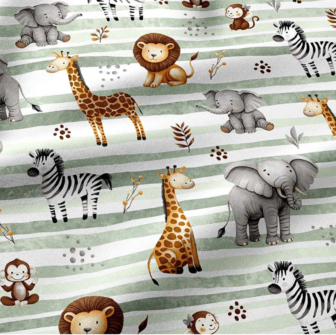 Tessuto di Cotone 160cm "Animali africani" su strisce verde menta e verde chiaro № Е-3583