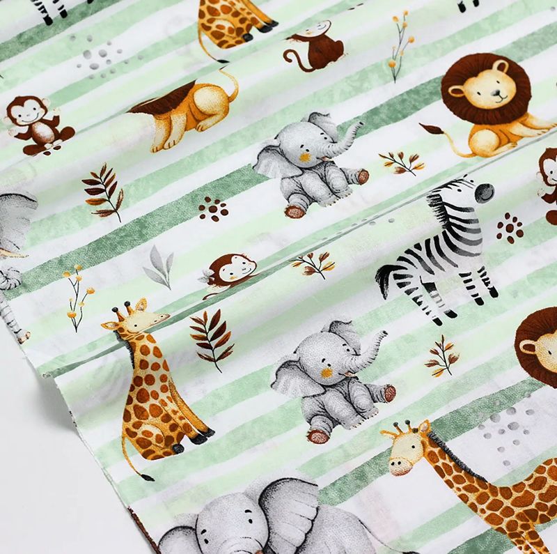 Tessuto di Cotone 160cm "Animali africani" su strisce verde menta e verde chiaro № Е-3583