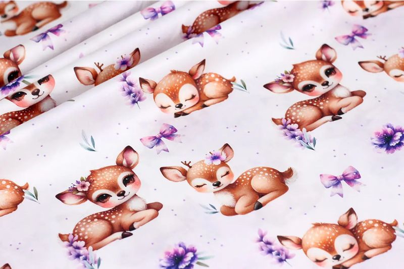 Tessuto di Cotone 160cm. Stampa Digitale   "Caprioli con fiocci e fiori viola" su sfondo acquerello SKD-160-078