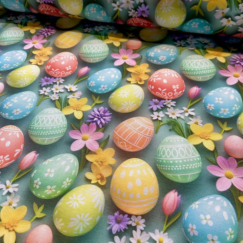 Tessuto Panama Duck Idrorepellente “Uova Pasquali e fiori primaverili “