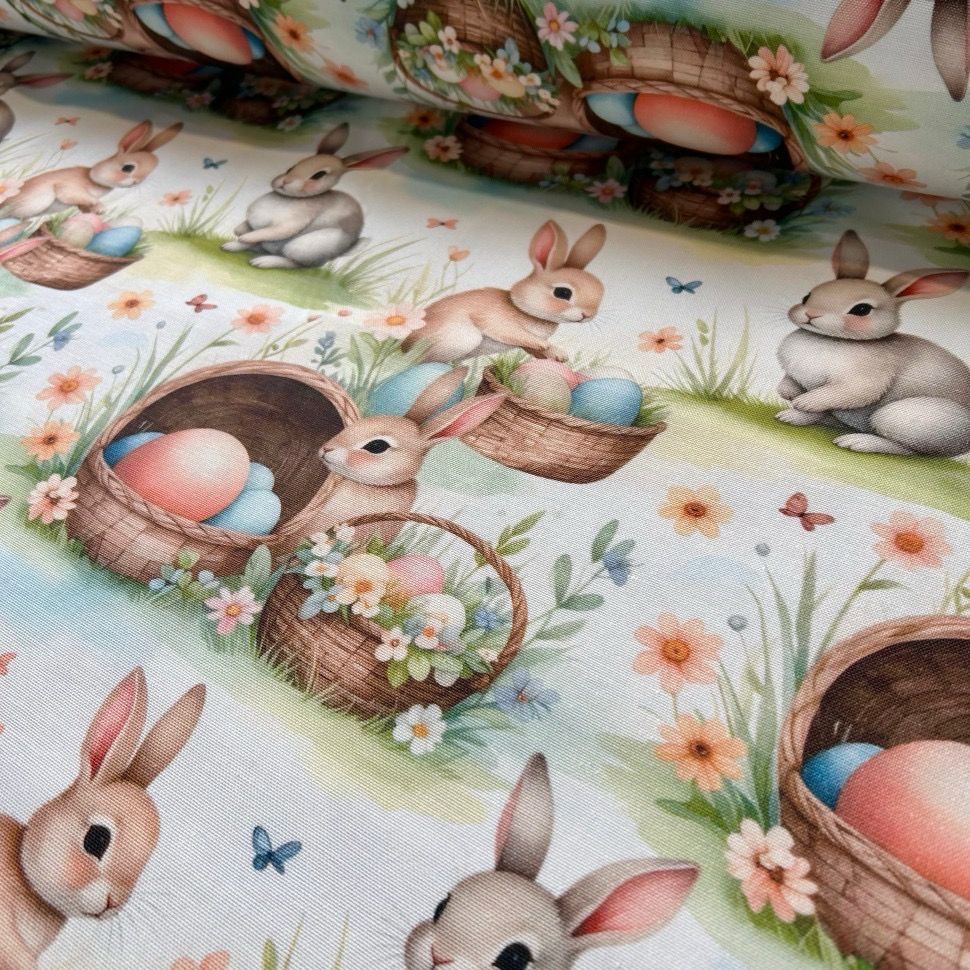 Tessuto Panama Duck Idrorepellente “Coniglietti con ceste Pasquali “