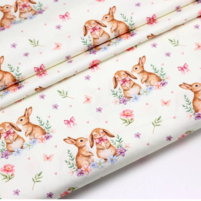 Tessuto Di Cotone Rasatello 160cm. Stampa Digitale “Teneri Coniglietti “No SKD-160-097