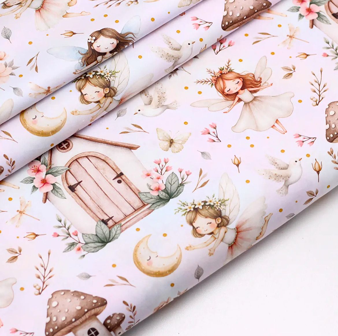 Tessuto di Cotone 160cm, Stampa Digitale “Fatte con casatte e fiori su uno sfondo ad acquerello“ SKD-160-079