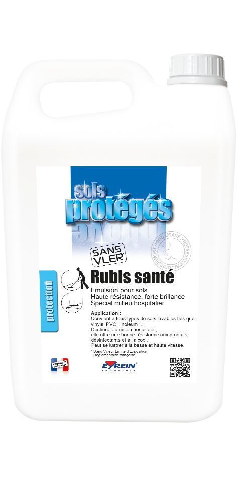 Produit d'entretien-
Émulsion pour sols Haute résistance, forte brillance
Spécial milieu hospitalier RUBIS SANTE