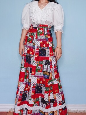 Retro patchwork pattern maxi skirt M/S