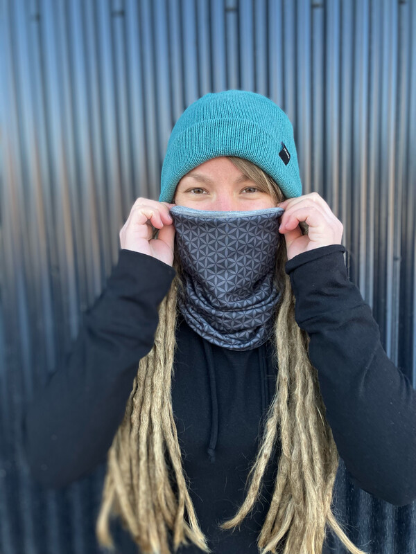 Powder Day Neck Gaiter :: Reversible Merino Fleece :: Double Lined :: Flower Of Life / Grey
