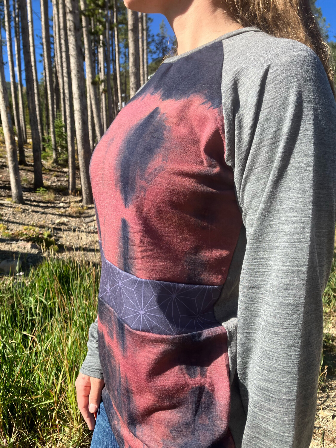 Women's Medium :: Up Cycled Sacred Geometry Tie Dyed Merino Long Sleeve Active Jersey :: Plant Dyed :: Air Vent Backing :: One Of A Kind