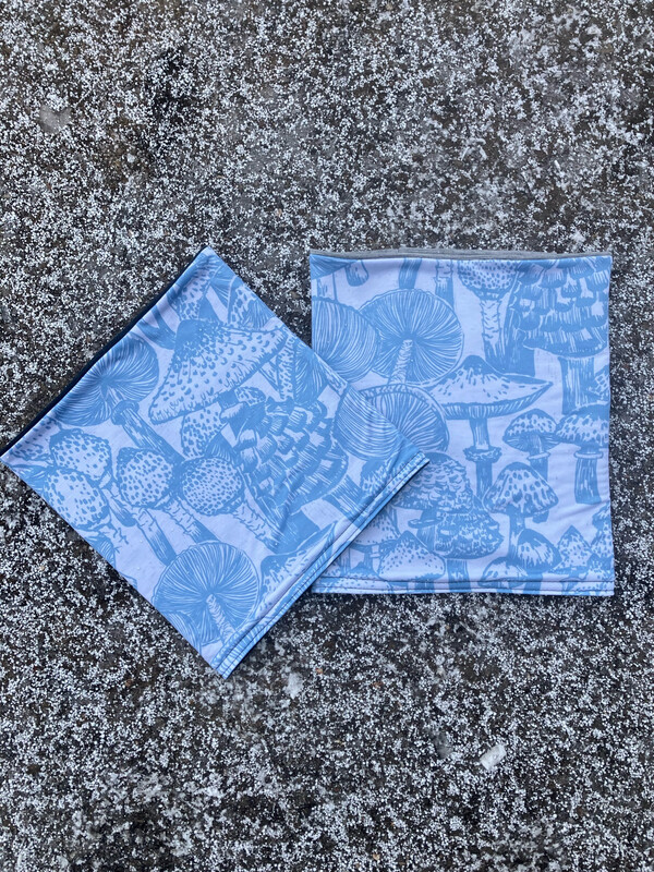 Powder Day Neck Gaiter :: Reversible Merino Fleece :: Powder Blue Shrooms / Grey