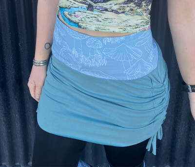 Everyday Hemp Cinch Mini Skirt :: Mushroom Forager :: Aquamarine