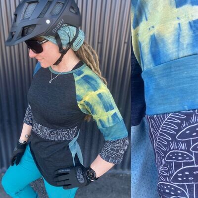Women's XS :: SAMPLE :: Up Cycled Plant Dyed Light Weight Merino Wool 3/4 Sleeve MTB Jersey :: Made From Scraps :: One Of A Kind