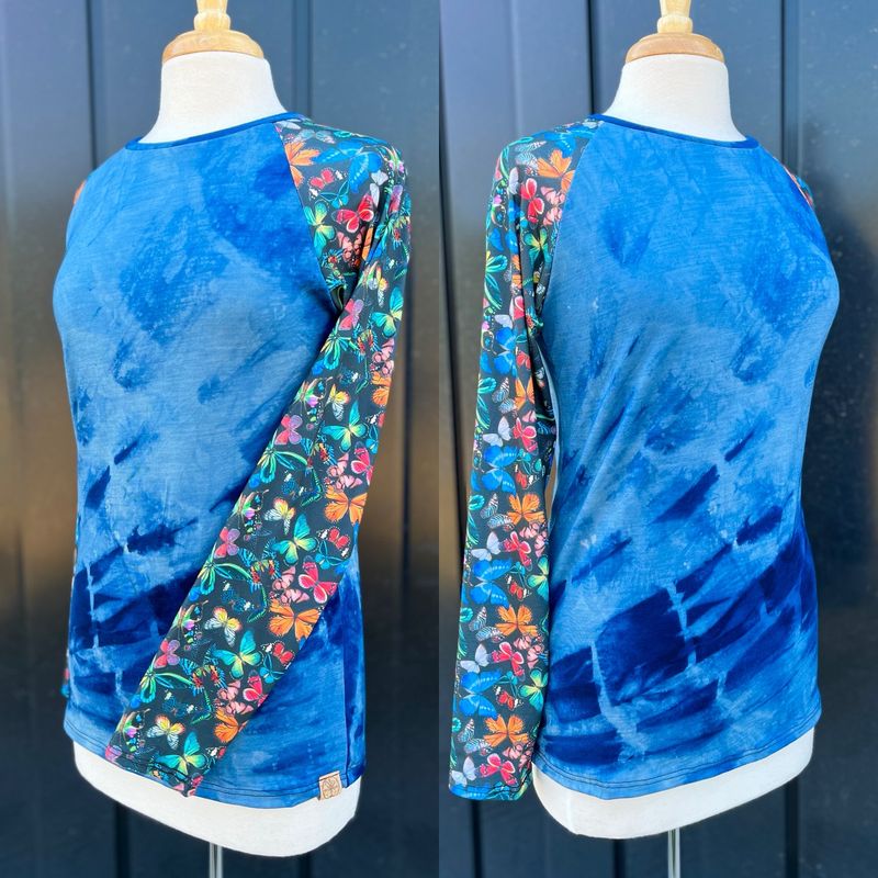 Women's Small :: Plant Dyed Merino Wool Long Sleeve Active Jersey :: Indigo Mariposa :: One Of A Kind