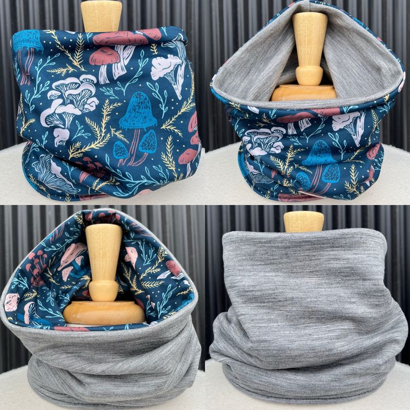 Powder Day Neck Gaiter :: Reversible Merino Fleece :: Double Lined :: Multi Shrooms / Grey