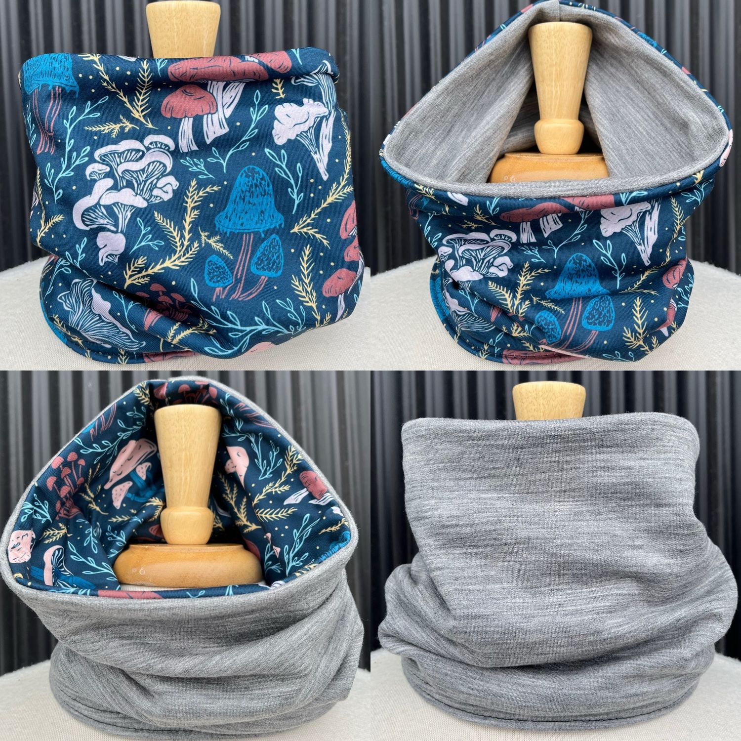Powder Day Neck Gaiter :: Reversible Merino Fleece :: Double Lined :: Multi Shrooms / Grey