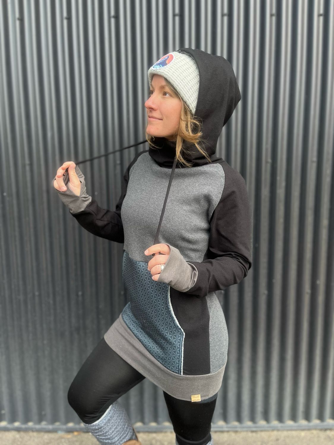 Women's Small :: Solstice Hoodie :: Hemp + Organic Cotton Waffle Thermal :: One Of A Kind :: Flower Of Life Up-Cycled Details
