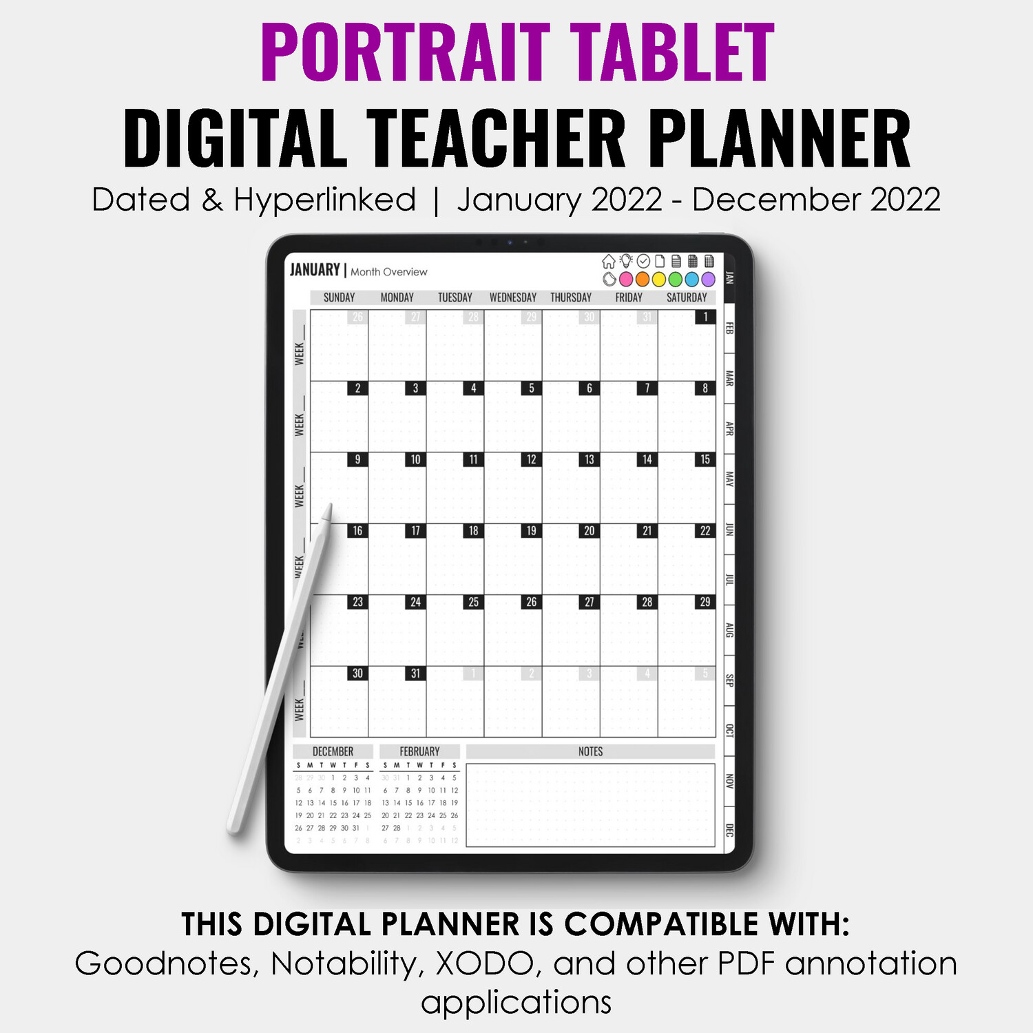 2022 Tablet Digital Teacher Planner | Portrait