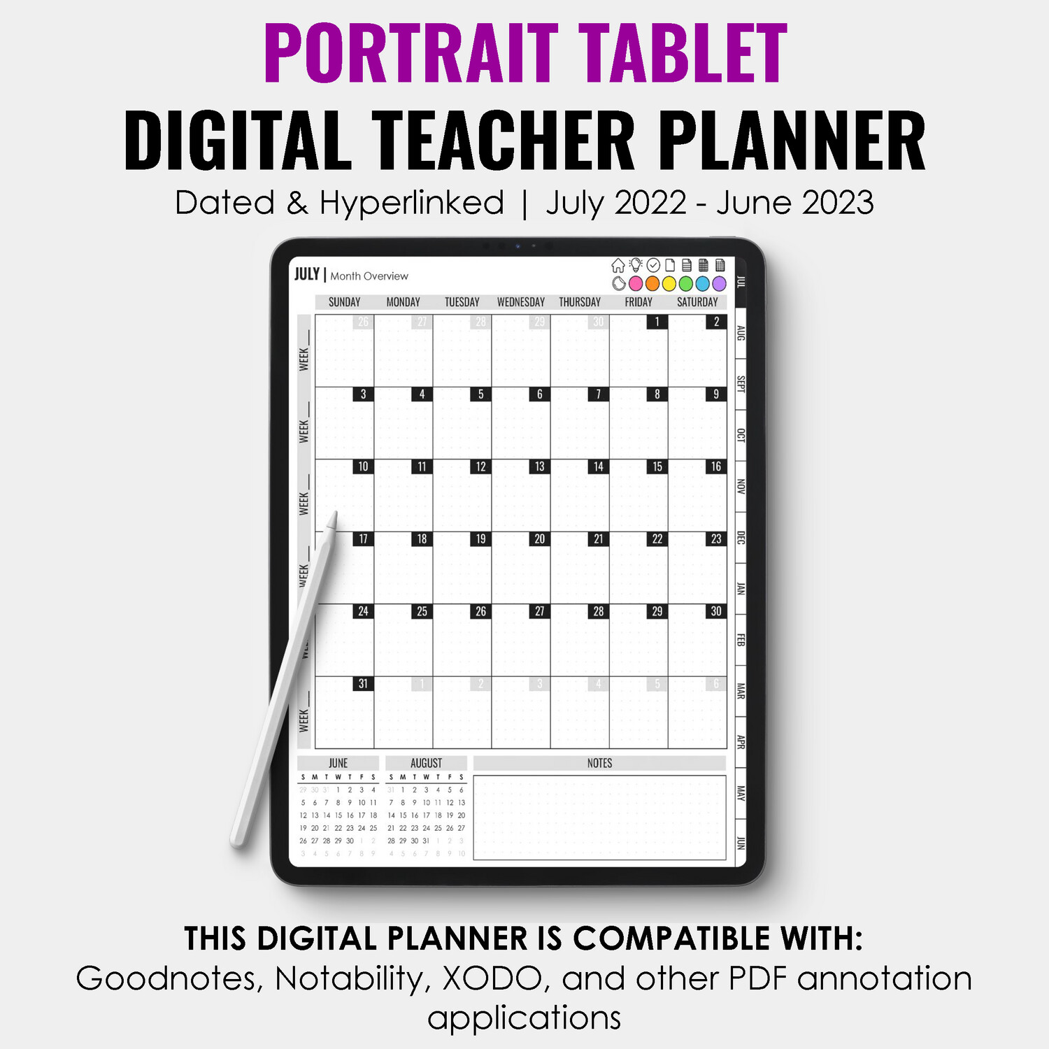 2022-2023 Tablet Digital Teacher Planner | Portrait