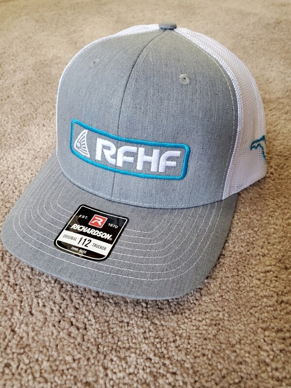 Heather grey/white back/bright blue redfish logo