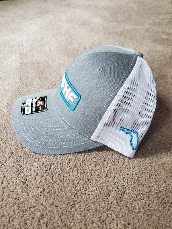 Heather grey/white back/bright blue redfish logo