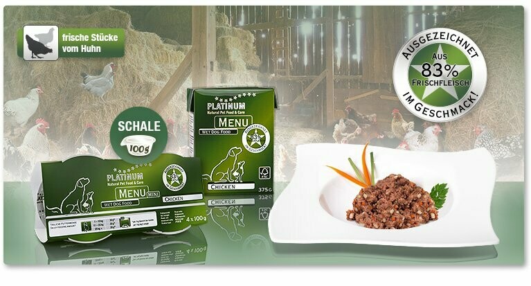 Platinum Nassfutter MENU Chicken Huhn 375 g (5,15 EUR/kg) Platinum Nassfutter MENU Chicken Huhn 375 g (5,15 EUR/kg)