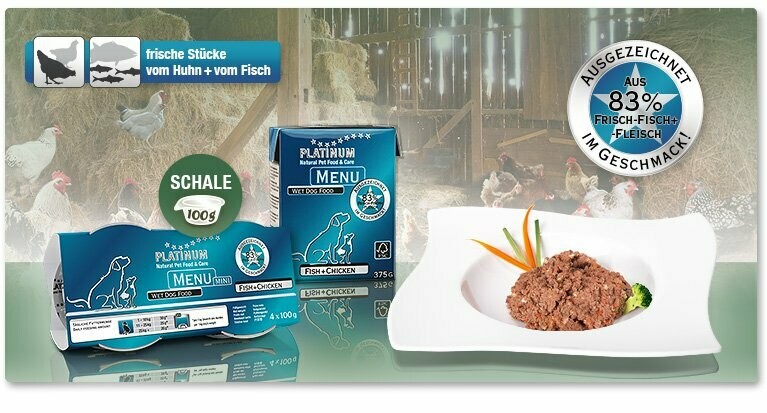 Platinum Nassfutter MENU Fish+Chicken Huhn 375 g (5,15 EUR/kg) Platinum Nassfutter MENU Fish+Chicken Huhn 375 g (5,15 EUR/kg)