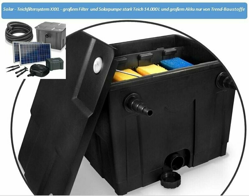 Solar - Teichfiltersystem XXXL mit großem Filter und Solarpumpe sehr stark Teich 14.000 L und großem Akku nur von Trend-Baustoffe Solar - Teichfiltersystem XXXL mit großem Filter und Solarpumpe sehr stark Teich 14.000 L und großem Akku nur von Trend-Baustoffe