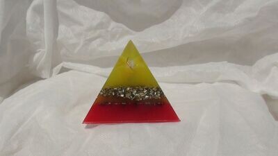 Medium Tetrahedron Orgonite- Yellow, Orange & Red/ Arkansas Quartz Crystal/ Natural Strawberry Quartz Crystal & Minerals