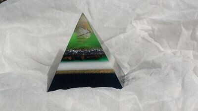 Large Tall Pyramid Orgonite- Green & White/ Brazilian Quartz Crystal/ Tiger Eye Stone & Minerals