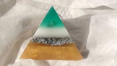Large Tetrahedron Orgonite- Green,White & Gold/ Arkansas Quartz Crystal & Minerals