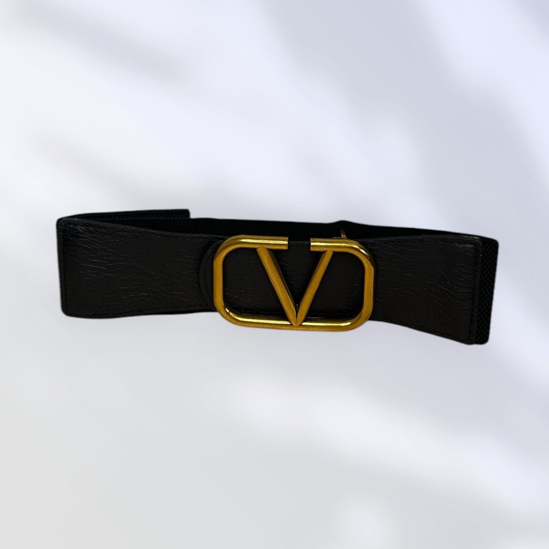 Valentino-Inspired V Logo Belt – Black &amp; Gold